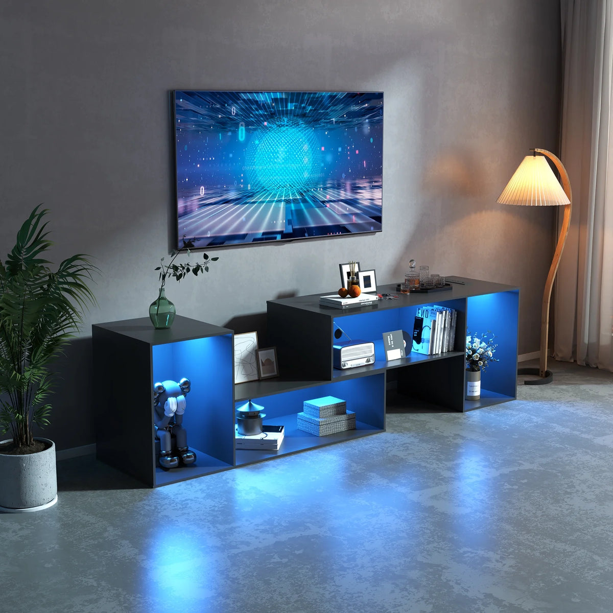 Black TV Stand with Power Strip and Storage Shelves P5149