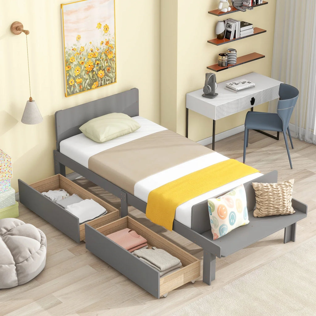 White Twin Size Wood Platform Bed Frame with 2 Storage Drawers L41364