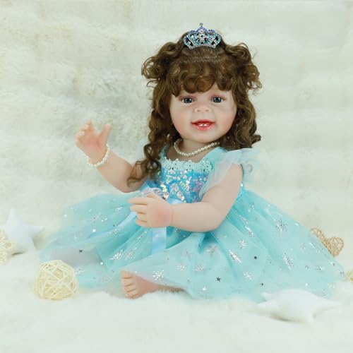 22 Inch Lifelike Full Body Vinyl Silicone Reborn Baby Doll with Long Hair D355