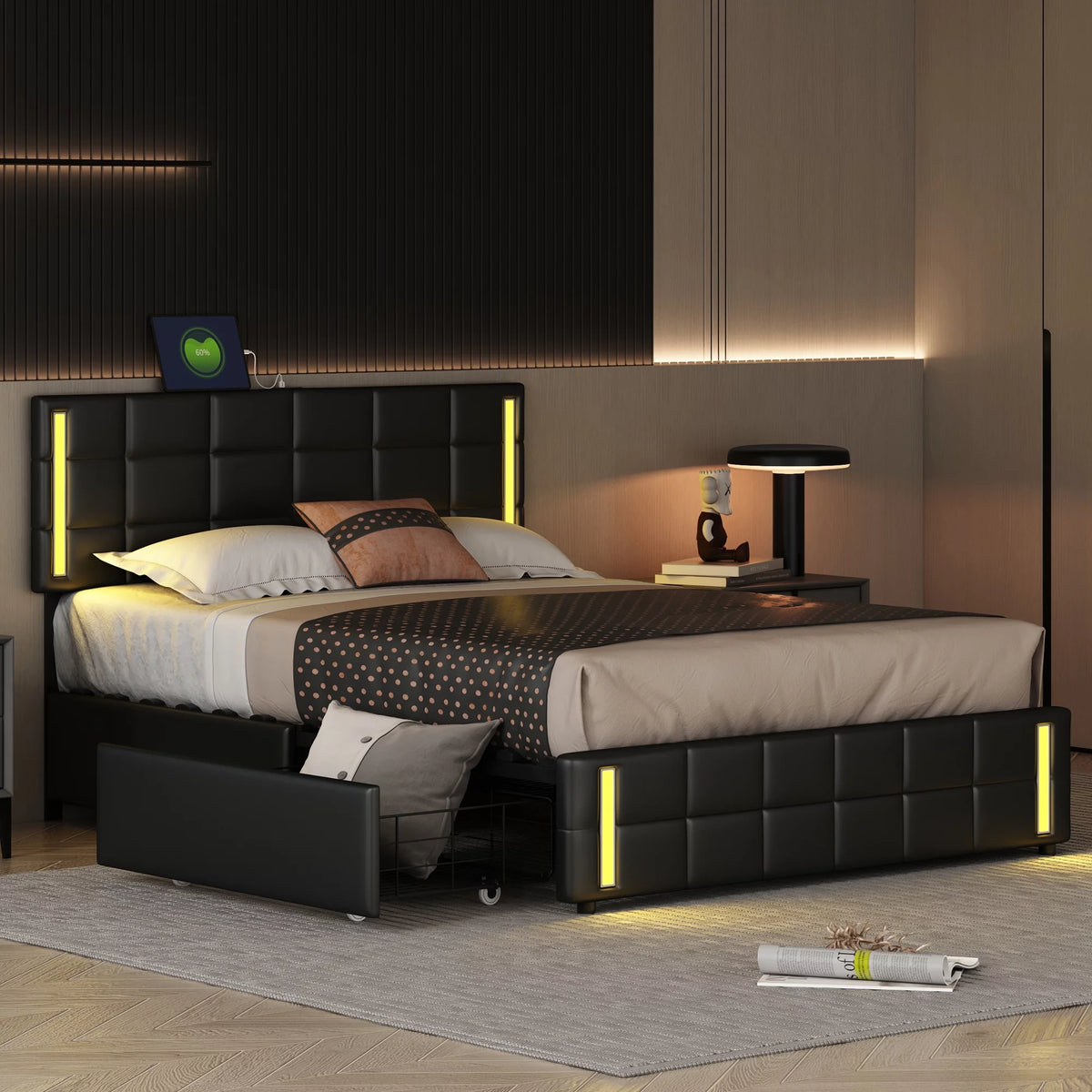 Queen Size Upholstered Platform Bed with LED Lights and USB Charging, Storage Bed with 4 Drawers, Black P742