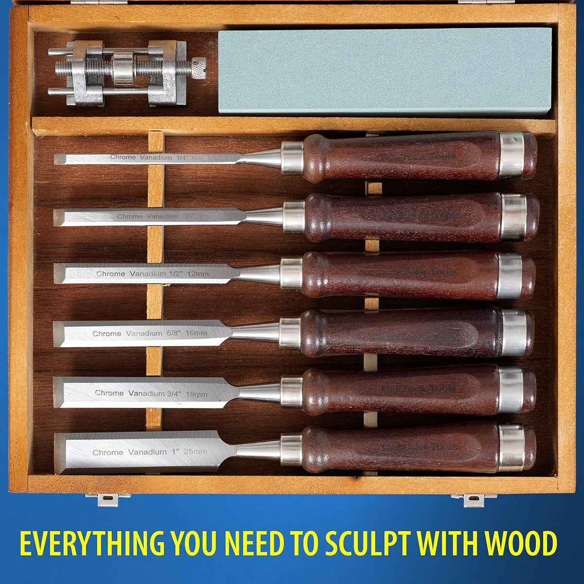 8 Piece Wood Chisel Set with Walnut Handles Chrome Vanadium Blades Sharpening Stone Honing Guide Wooden Storage Case O974