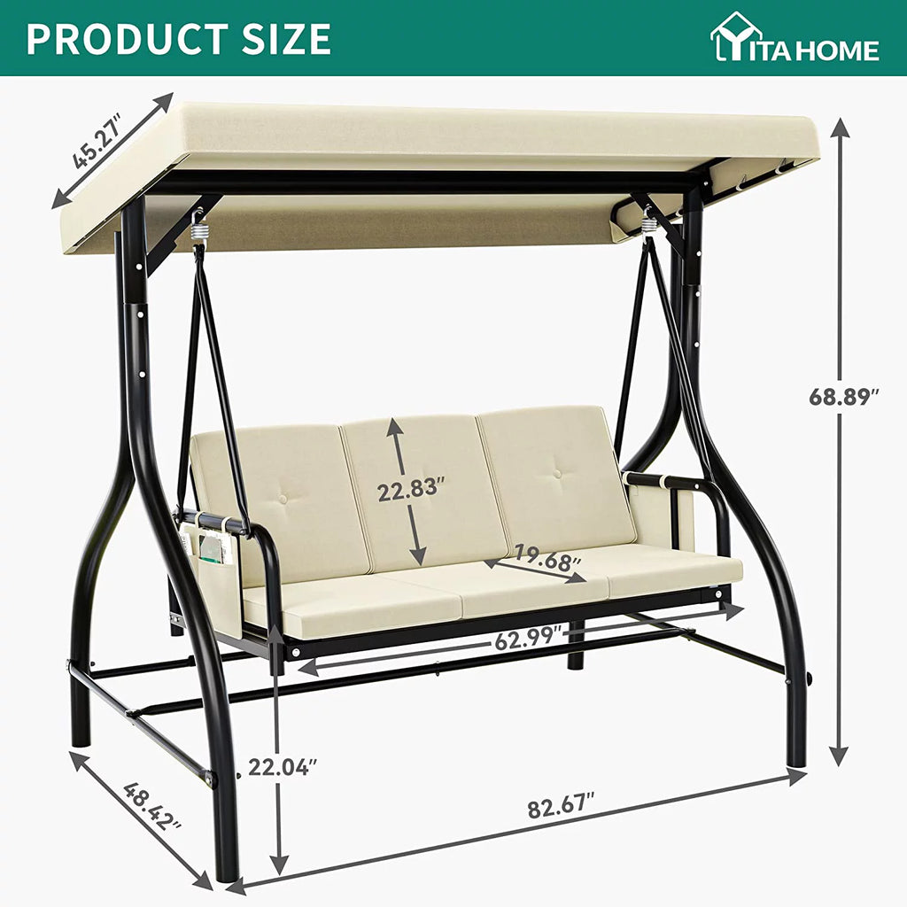 3-Seats Outdoor Patio Swing Chair with Adjustable Canopy and Removable Cushion H473