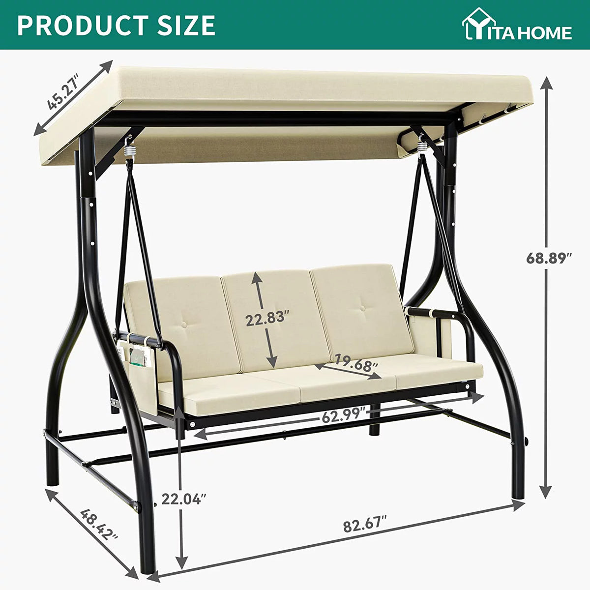 3-Seats Outdoor Patio Swing Chair with Adjustable Canopy and Removable Cushion H473