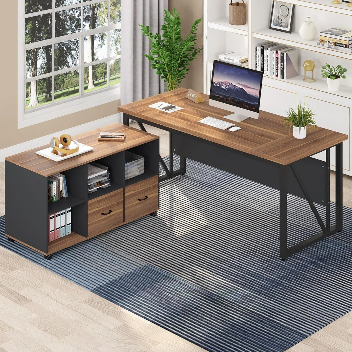63 inches L-Shaped Computer Desk with Drawers and Storage Shelves T593668