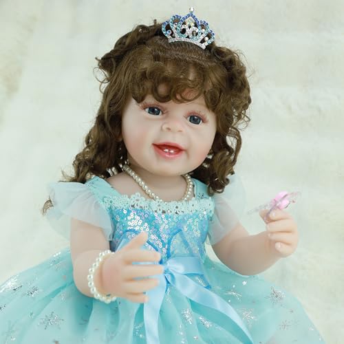 22 Inch Lifelike Full Body Vinyl Silicone Reborn Baby Doll with Long Hair D355