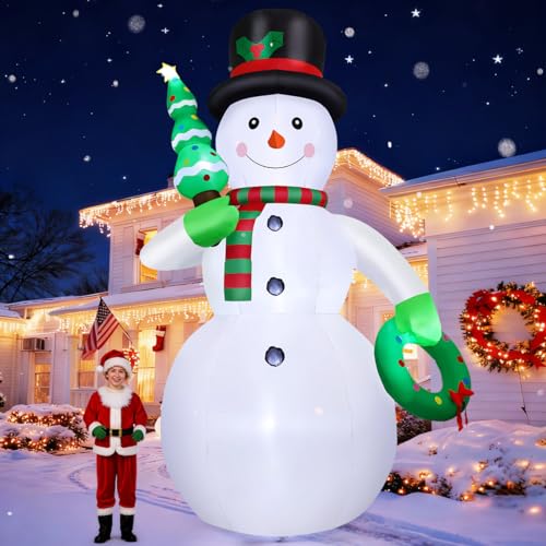 12 FT Christmas Inflatable Snowman with Christmas Tree & Wreath Built-in LEDs V116