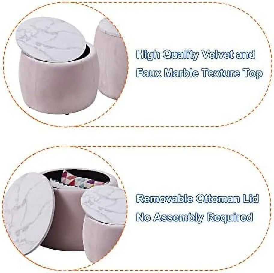 Round Ottoman Coffee Table Set of 2 with Wooden Lid Faux Marble Texture Top V536