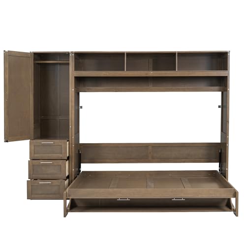 Antique Grey Full Solid Wood Murphy Bed with Wardrobe and Storage Drawers V270257