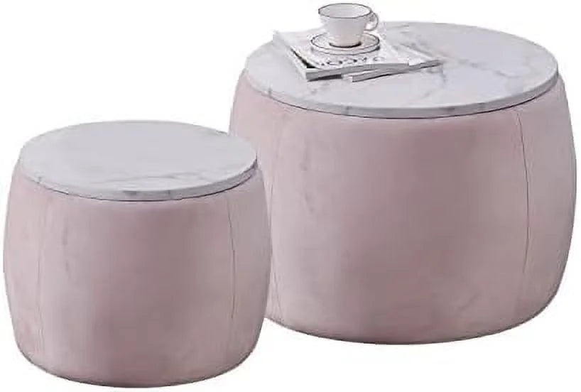 Round Ottoman Coffee Table Set of 2 with Wooden Lid Faux Marble Texture Top V536