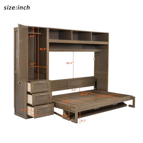 Antique Grey Full Solid Wood Murphy Bed with Wardrobe and Storage Drawers V270257
