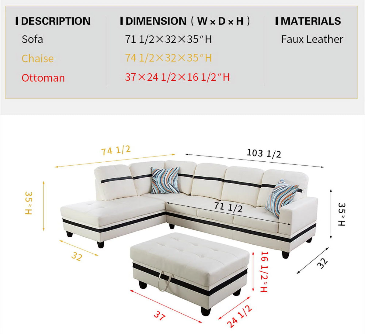 White Faux Leather Left Hand Facing Sofa & Chaise with Ottoman Z666172