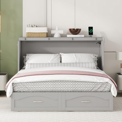 Queen Grey Solid Wood Murphy Bed with Drawer H19666