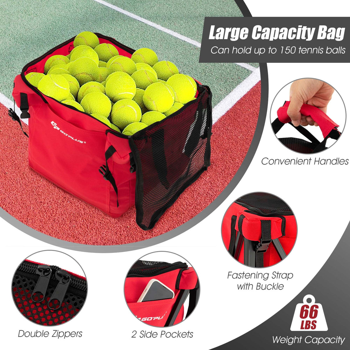 Foldable Tennis Ball Hopper Basket with Wheels & Bag Blue L3414