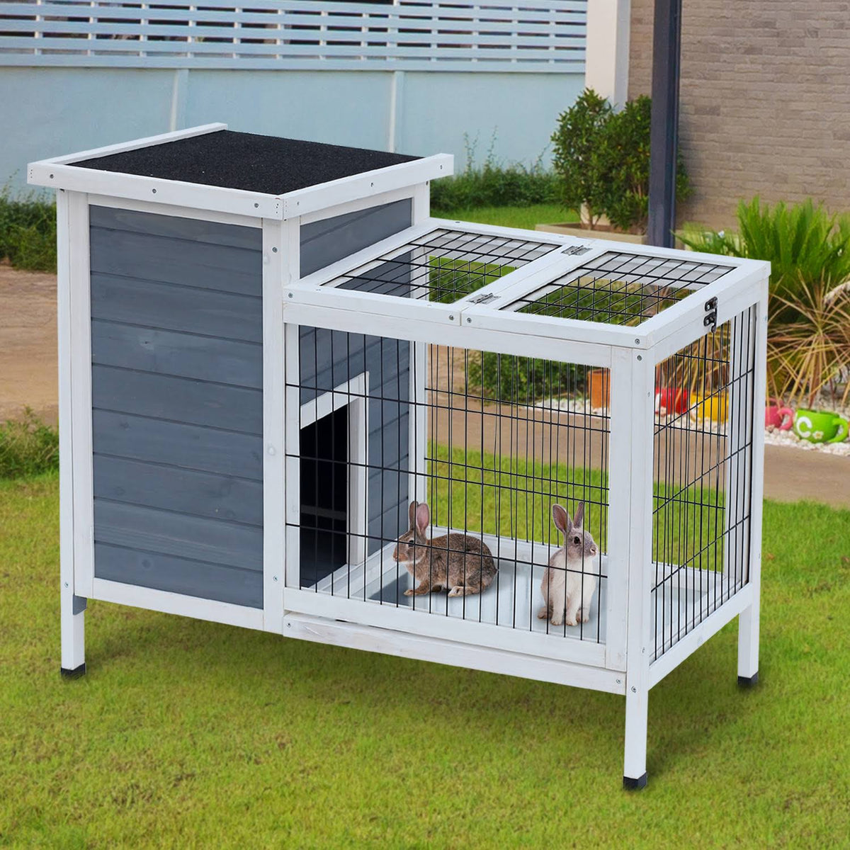 36x22 Raised Outdoor Wooden Rabbit Hutch with Enclosed Run O690