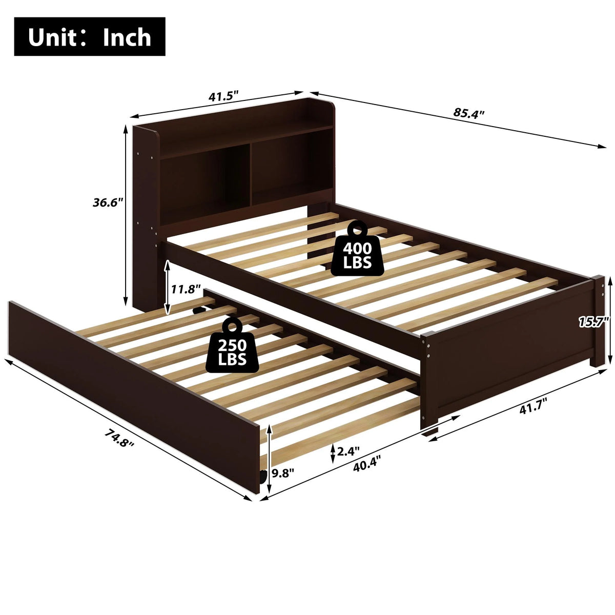 Twin Bed Frame with Trundle and Storage Bookcase P1101