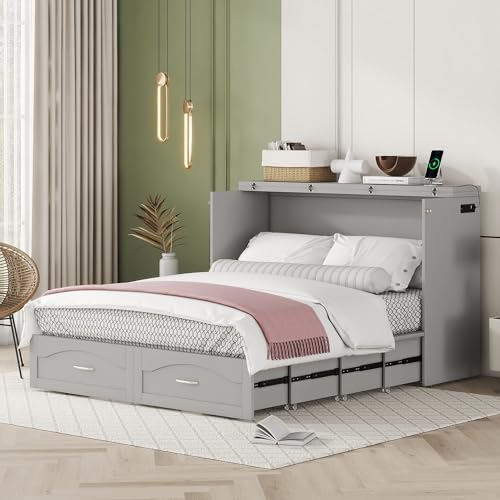 Queen Grey Solid Wood Murphy Bed with Drawer H19666