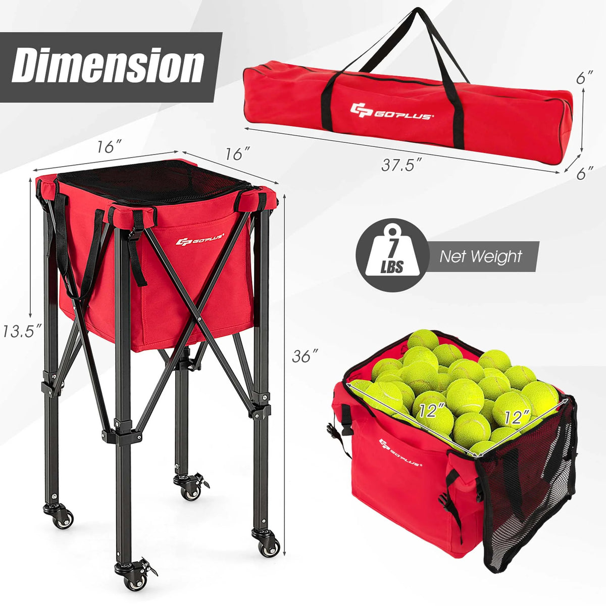 Foldable Tennis Ball Hopper Basket with Wheels & Bag Blue L3414