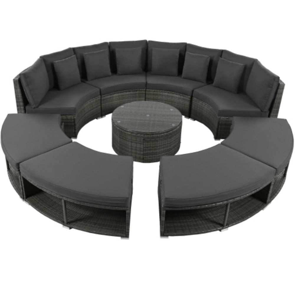 9-Piece Rattan Wicker Outdoor Sofa Set with Tempered Glass Coffee Table H5284