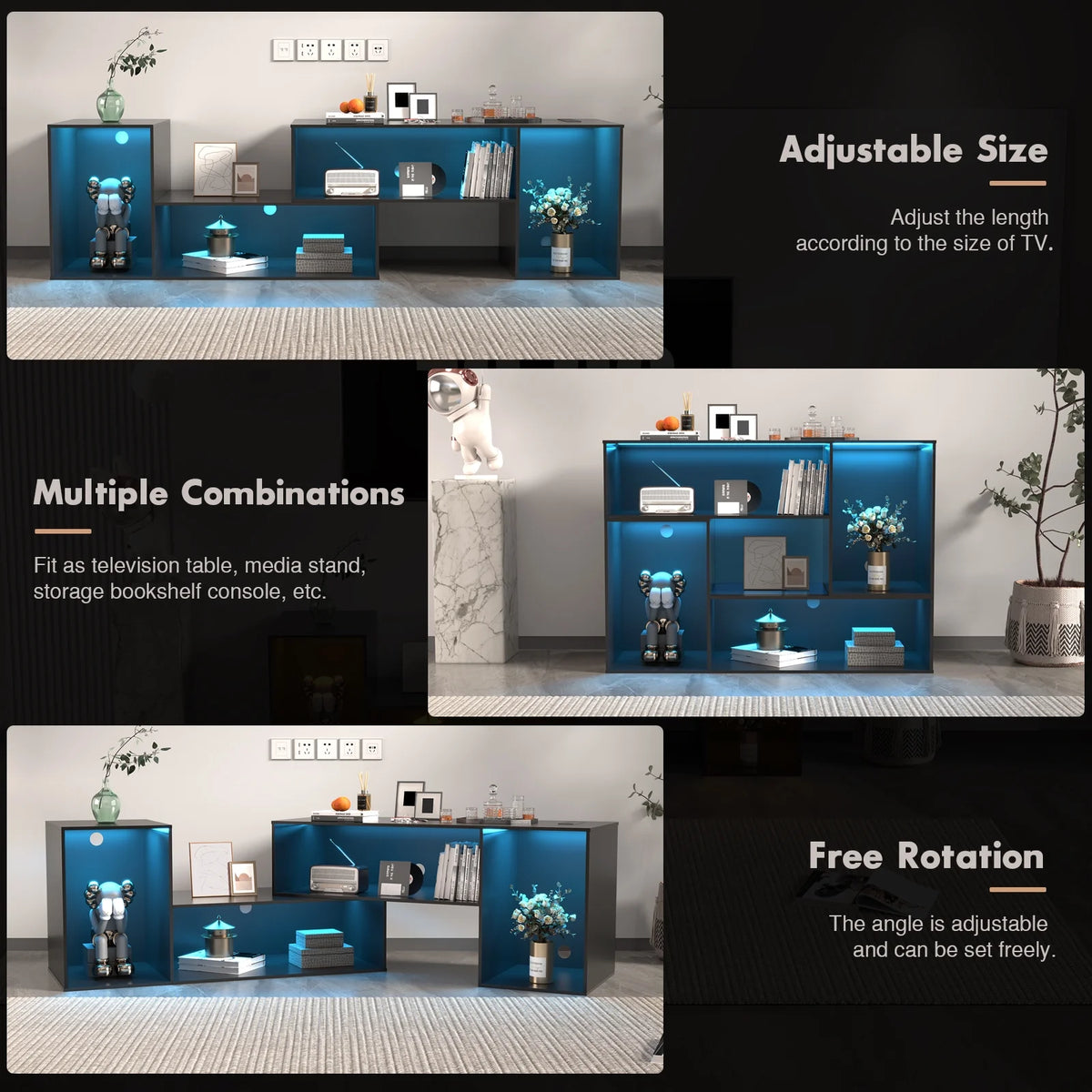 Black TV Stand with Power Strip and Storage Shelves P5149