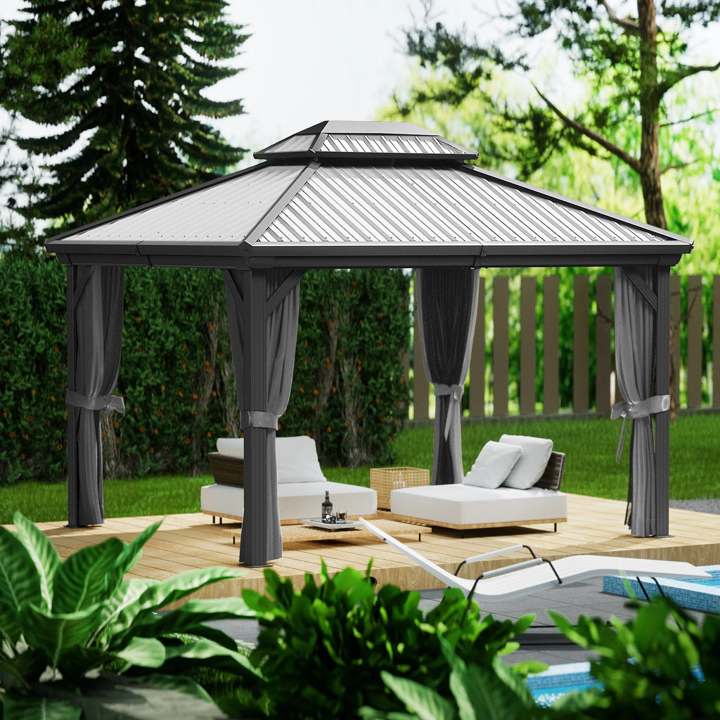 Grey Hardtop Gazebo with Steel Roof, Netting and Curtain 10' x 12' C66074
