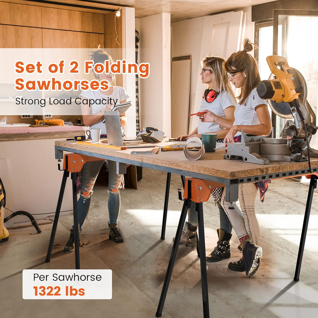 2 Pack Heavy Duty Folding Saw Horses with 4 Detachable Hooks F8305