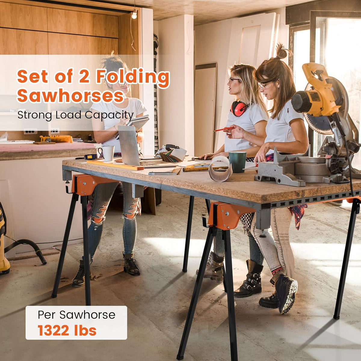 2 Pack Heavy Duty Folding Saw Horses with 4 Detachable Hooks F8305