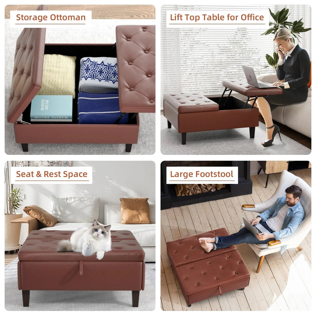 Dark Brown Faux Leather Square Storage Ottoman T256