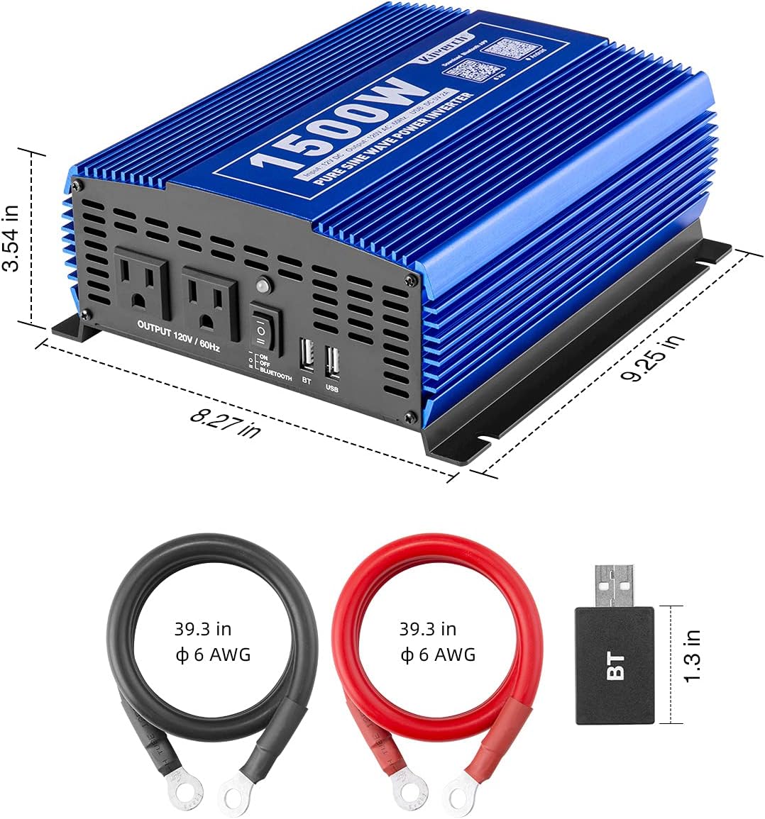 1500W Pure Sine Wave Power Inverter 12V DC to 110V AC with Bluetooth V586277