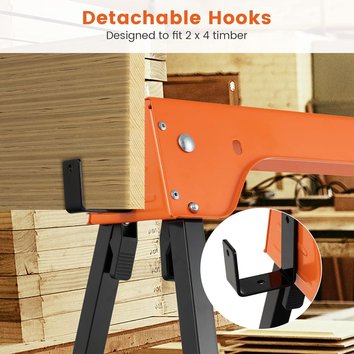 2 Pack Heavy Duty Folding Saw Horses with 4 Detachable Hooks F8305