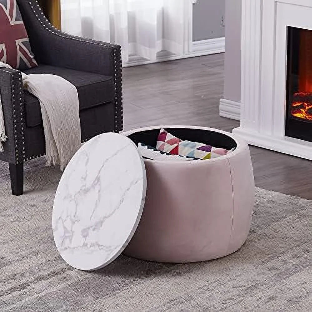 Round Ottoman Coffee Table Set of 2 with Wooden Lid Faux Marble Texture Top V536