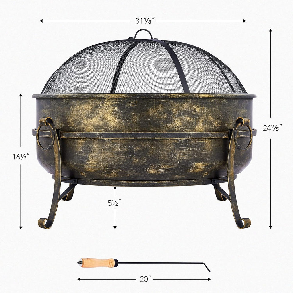 31-Inch Round Wood Burning Fire Pit with Metal Grate, Screen, Poker O71024