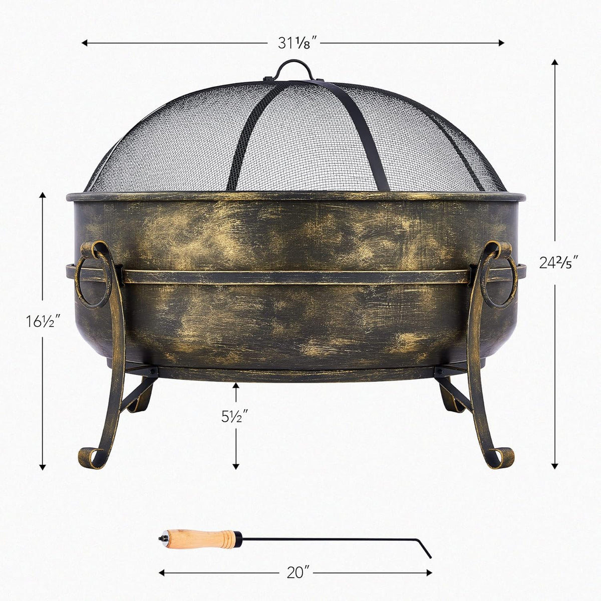 31-Inch Round Wood Burning Fire Pit with Metal Grate, Screen, Poker O71024