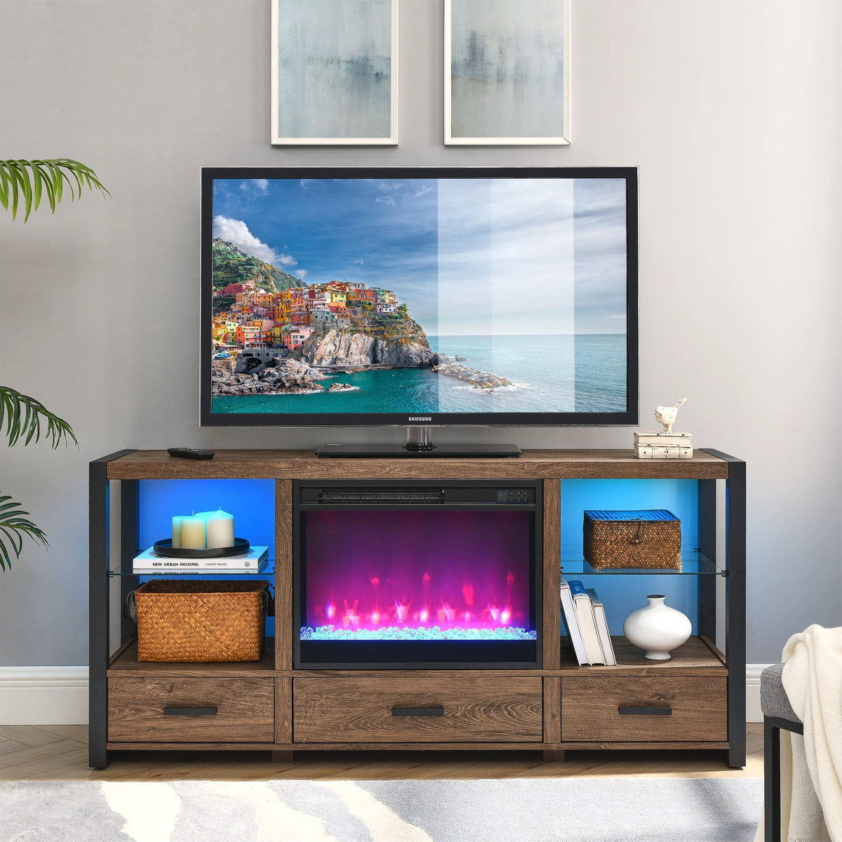 Brown Electric Fireplace TV Stand with 3 Drawers C5635