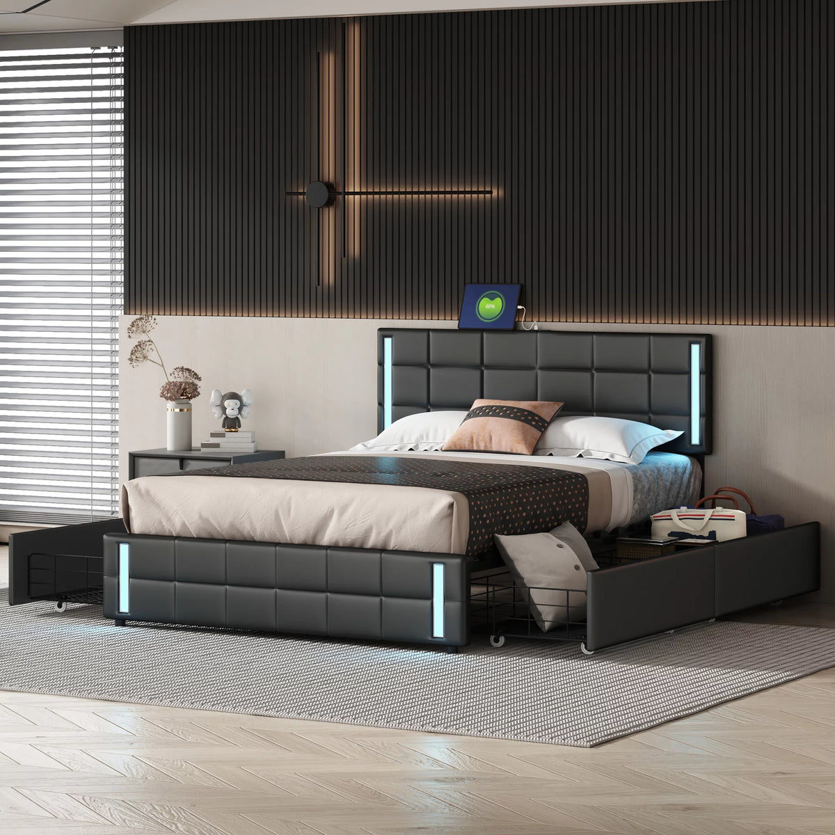 Queen Size Upholstered Platform Bed with LED Lights and USB Charging, Storage Bed with 4 Drawers, Black P742