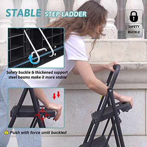 3 Step Folding Steel Step Ladder with Handgrip, 500 Lbs, Black C729