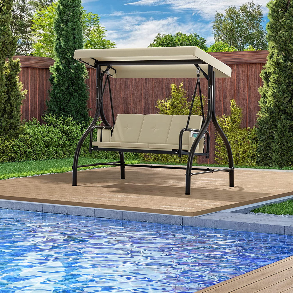 3-Seats Outdoor Patio Swing Chair with Adjustable Canopy and Removable Cushion H473