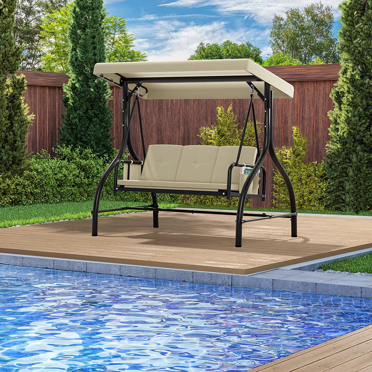 3-Seats Outdoor Patio Swing Chair with Adjustable Canopy and Removable Cushion H473