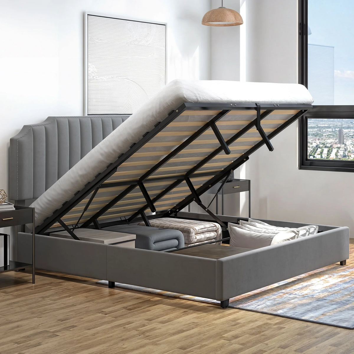 King Lift Up Storage Velvet Upholstered Platform Bed Frame S717