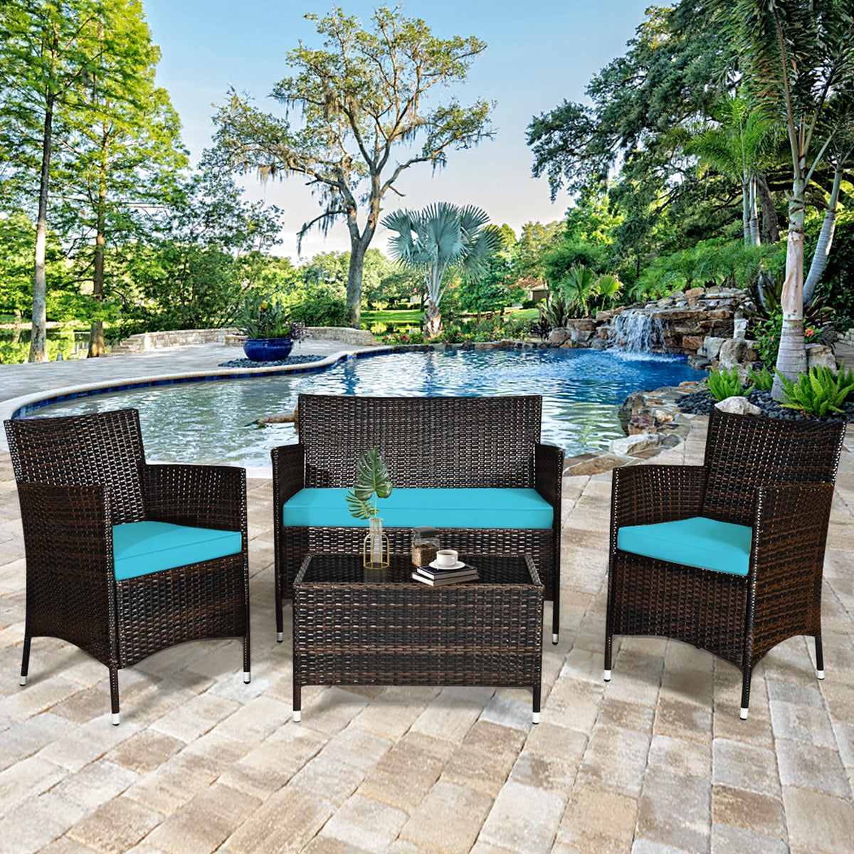 8 Pcs Patio Rattan Furniture Set with Cushioned Chair Loveseat Table N8206