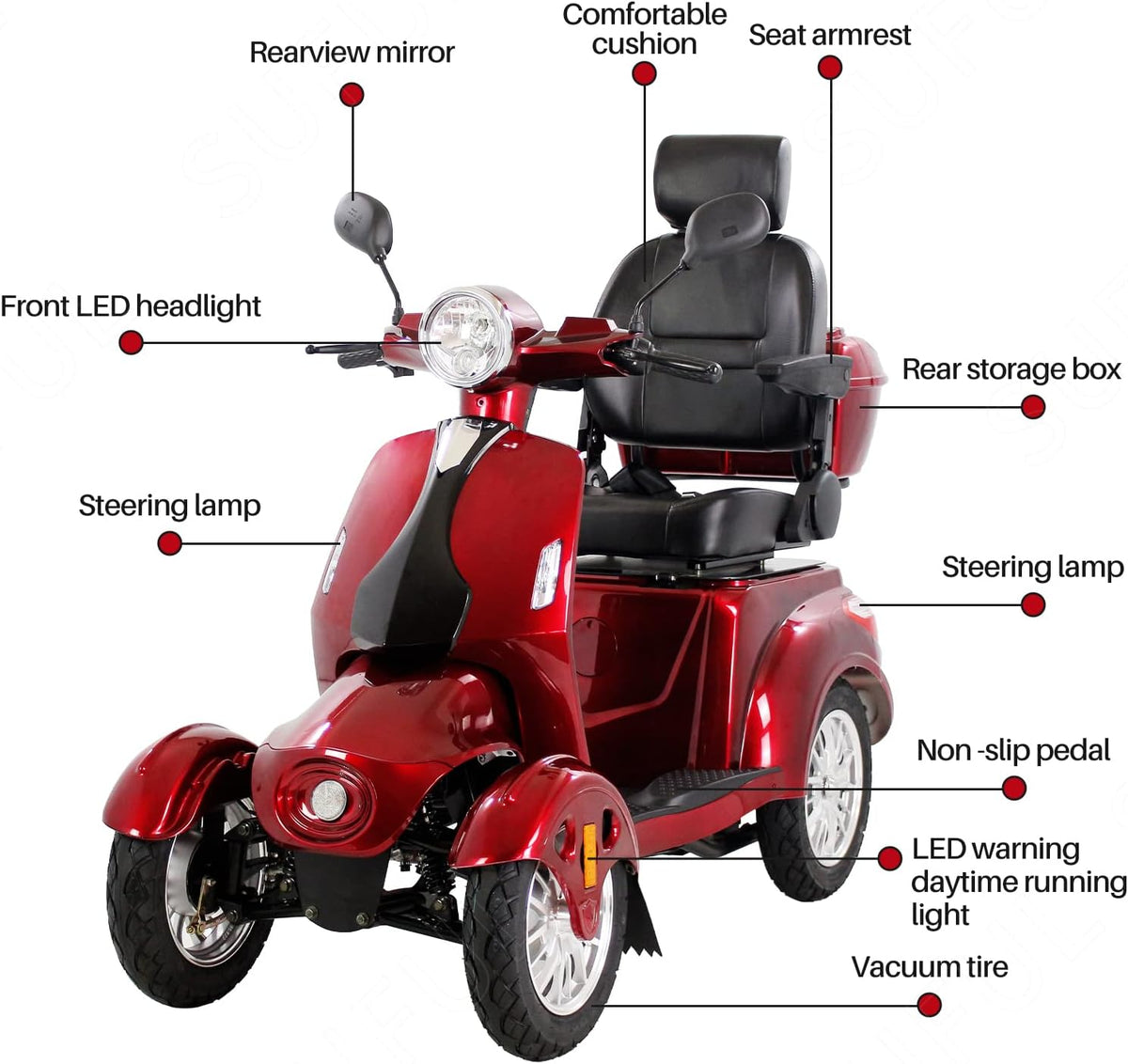 Red Heavy Duty Four Wheel Electric Mobility Scooter Y7222