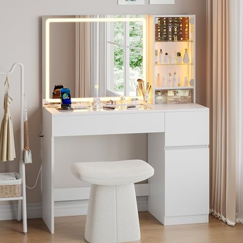 41" White Vanity Desk with Mirror and Lights M72073