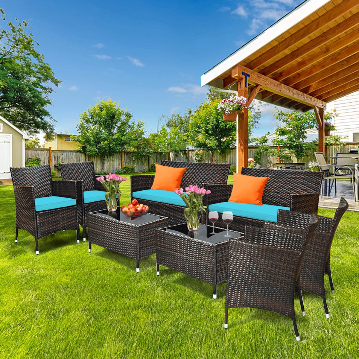 8 Pcs Patio Rattan Furniture Set with Cushioned Chair Loveseat Table N8206