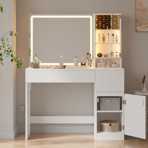 41" White Vanity Desk with Mirror and Lights M72073
