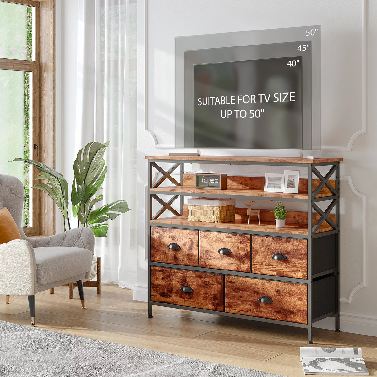 Rustic Brown 5 Drawer Dresser TV Stand P707