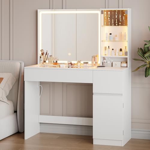41" White Vanity Desk with Mirror and Lights M72073