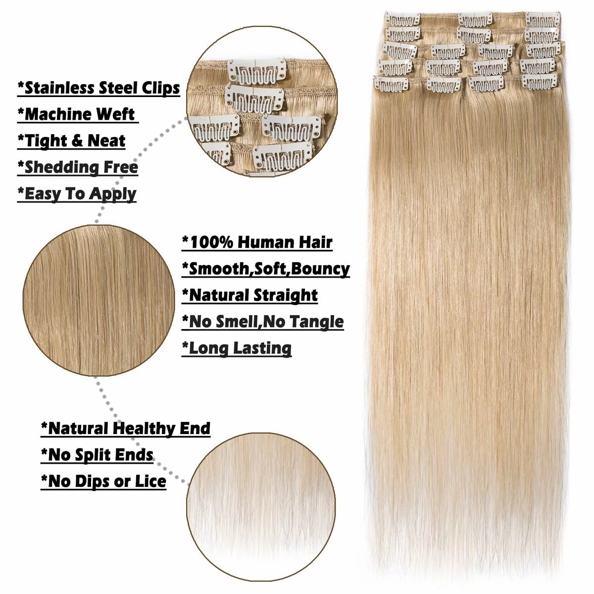 Human Hair Extensions Clip In Natural Blonde Straight J57394