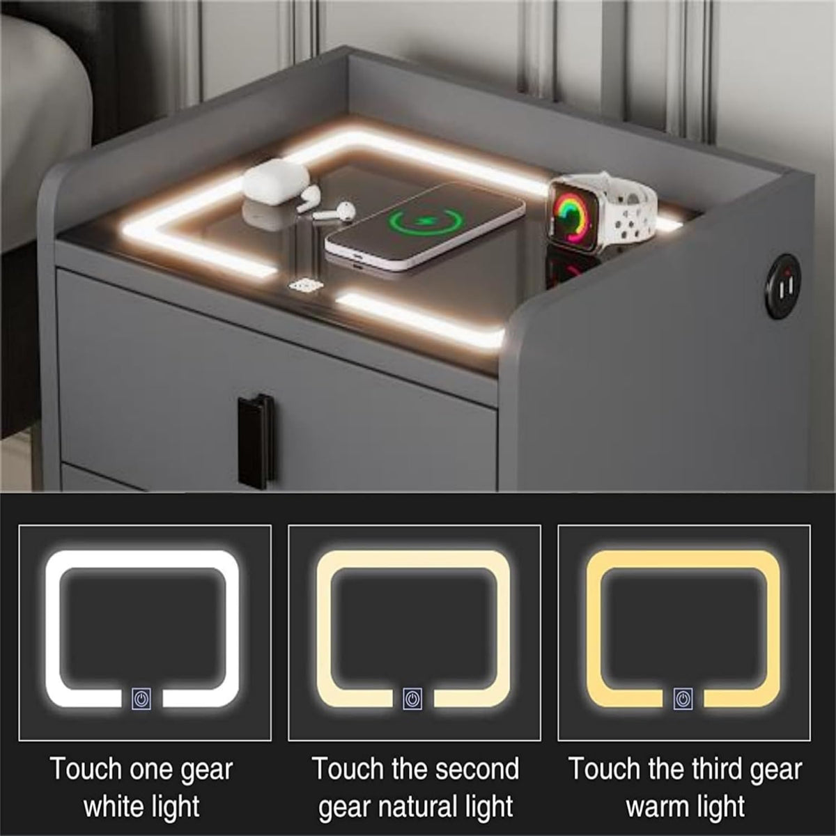 1 Pack Nightstand with Wireless Charging Station and LED Lights Grey Z3765