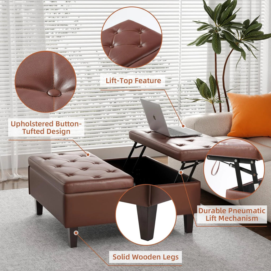 Dark Brown Faux Leather Square Storage Ottoman T256