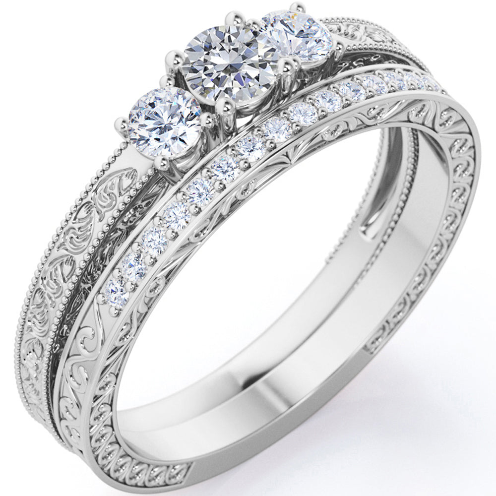 1.75 Carat Round Cut Moissanite Cathedral Wedding Ring Set in 18K White Gold Plating over Silver W31409