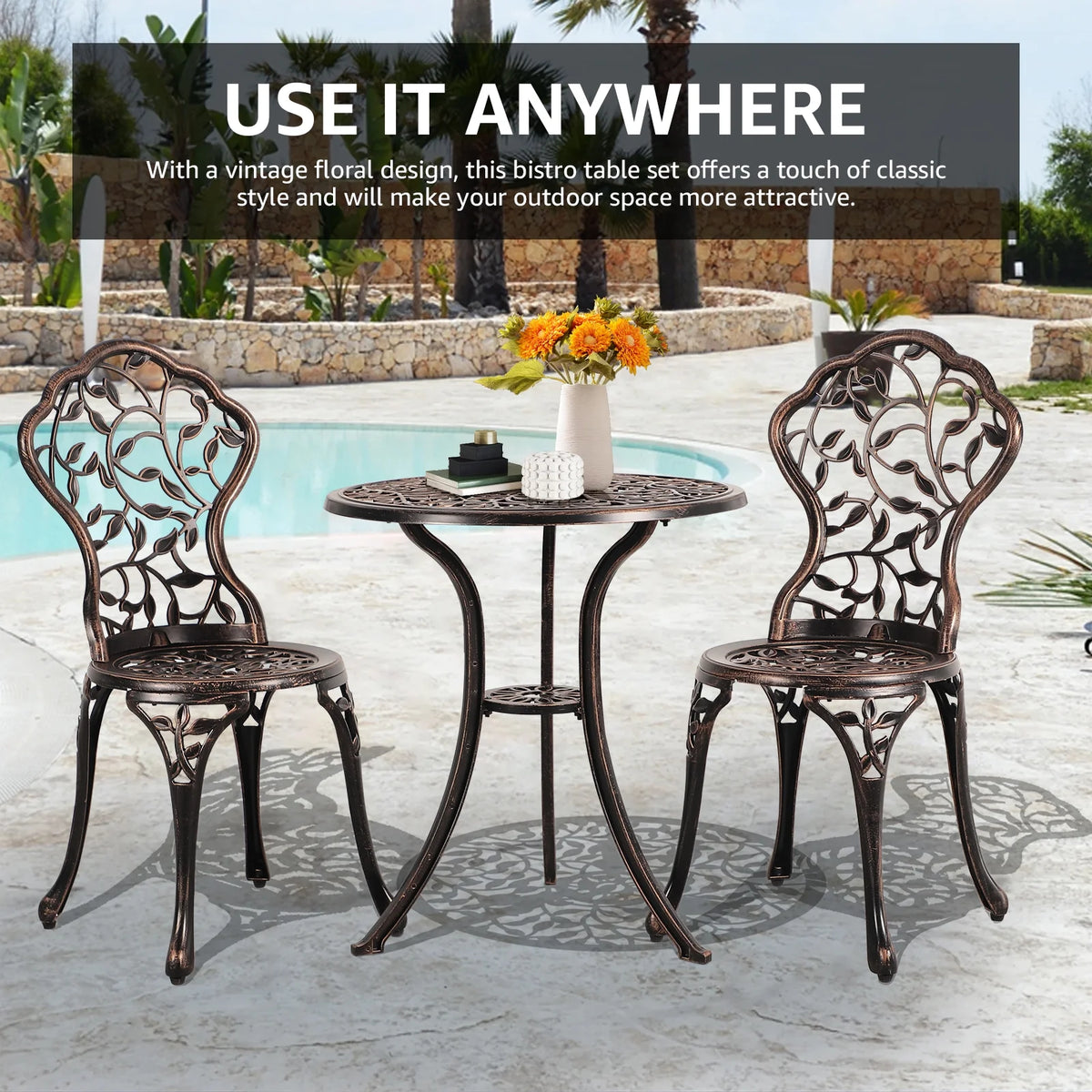 3 Piece Bronze Cast Aluminum Outdoor Bistro Table Set S7067